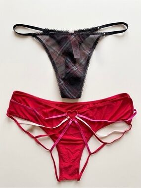 NWT Victoria's Secret Panty Lot Set 2 Red Strappy Heart Black Plaid M Bundle